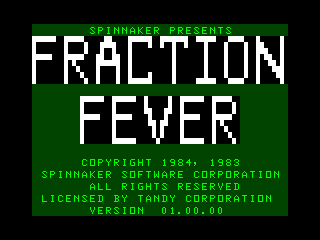Fraction Fever (TRS-80 CoCo) screenshot: The title screen.