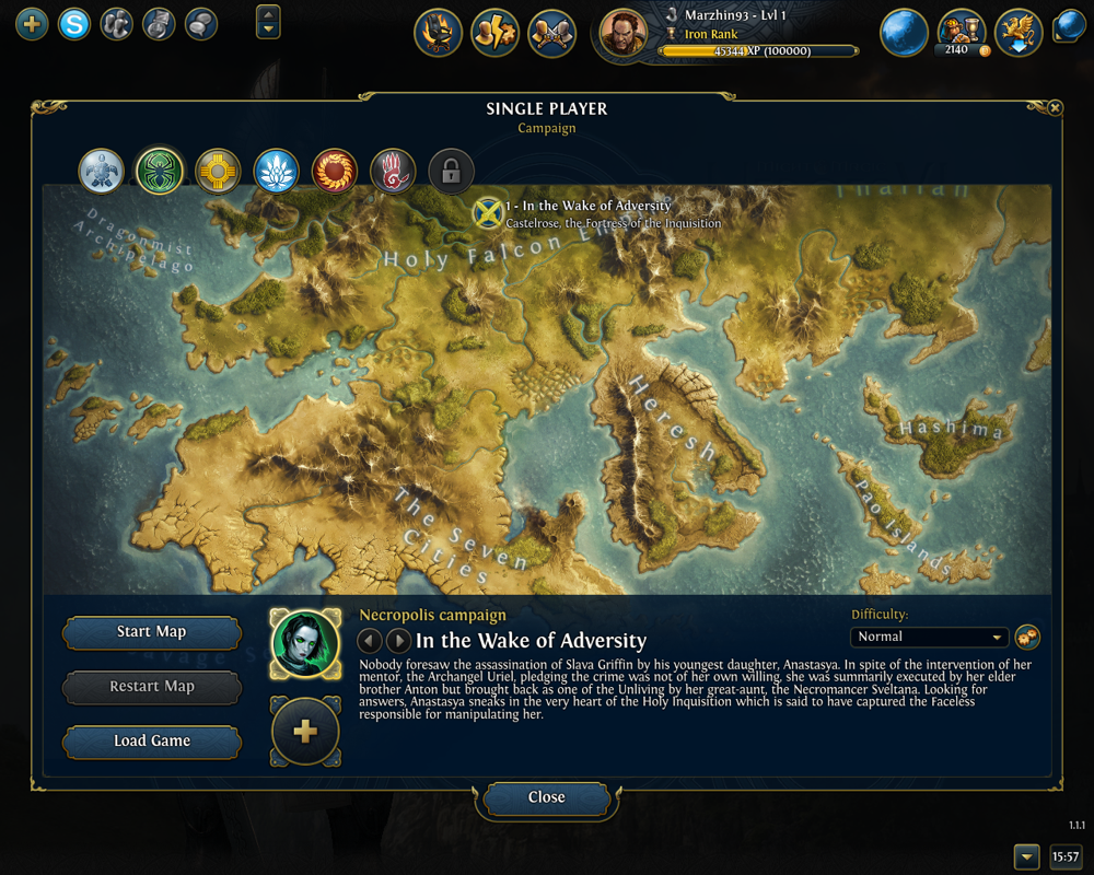 Might & Magic: Heroes VI (Windows) screenshot: Campaign selection screen, showing the map of Ashan