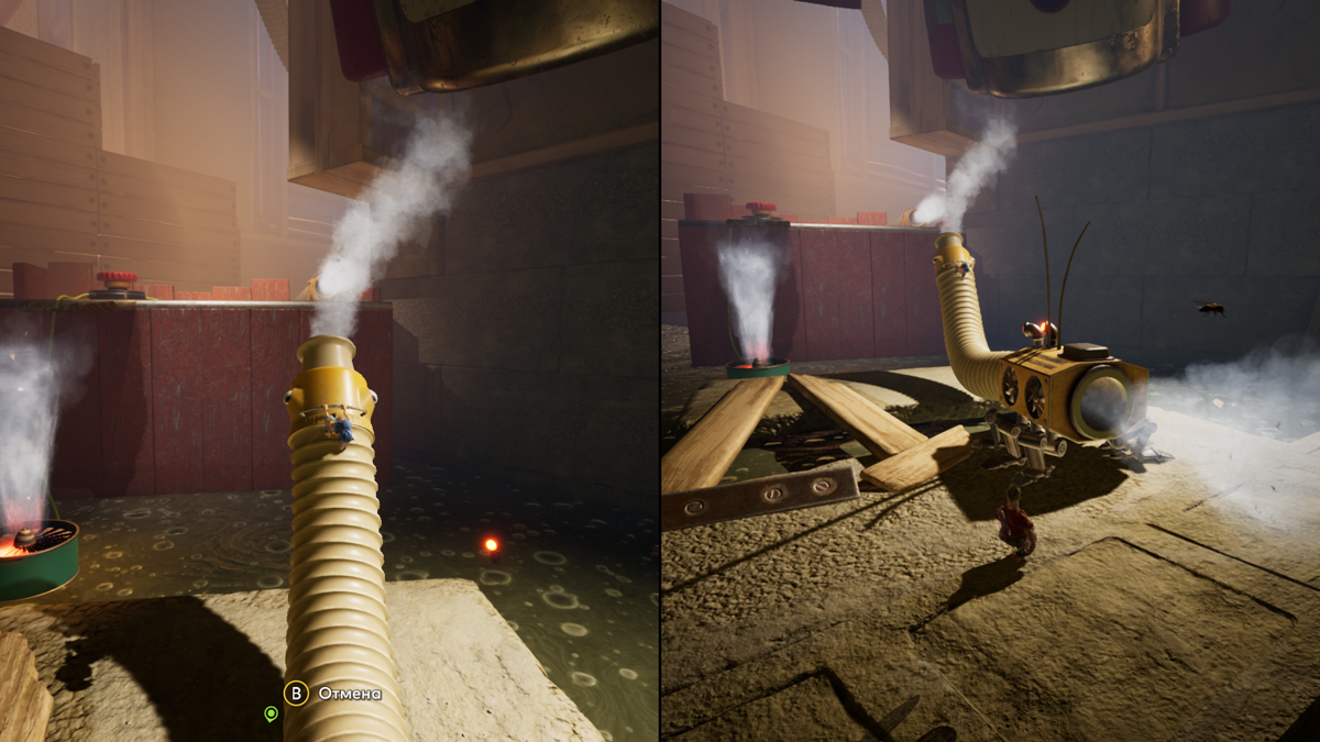 It Takes Two (Windows) screenshot: One player controls the hose while the other player will use it to get to the other side