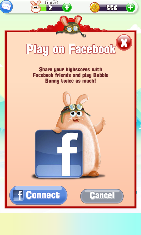 Bubble Bunny (Android) screenshot: Social features requires connecting to Facebook