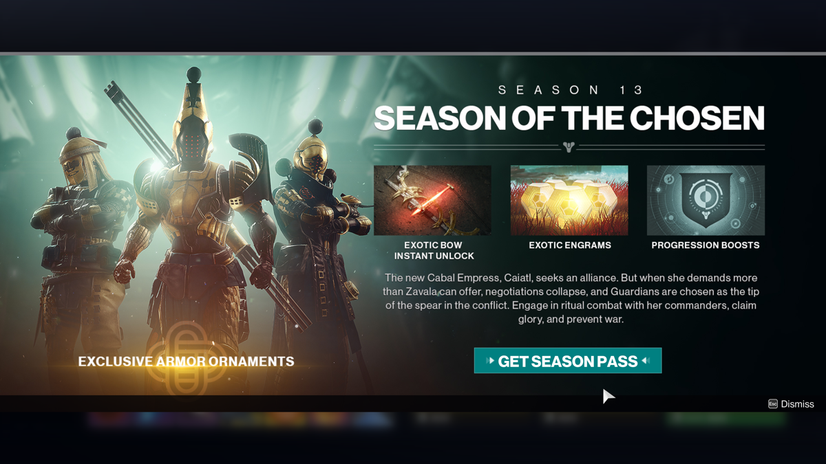 Destiny 2: Season of the Chosen Silver Bundle (Windows) screenshot: Season of the Chosen in-game announcement