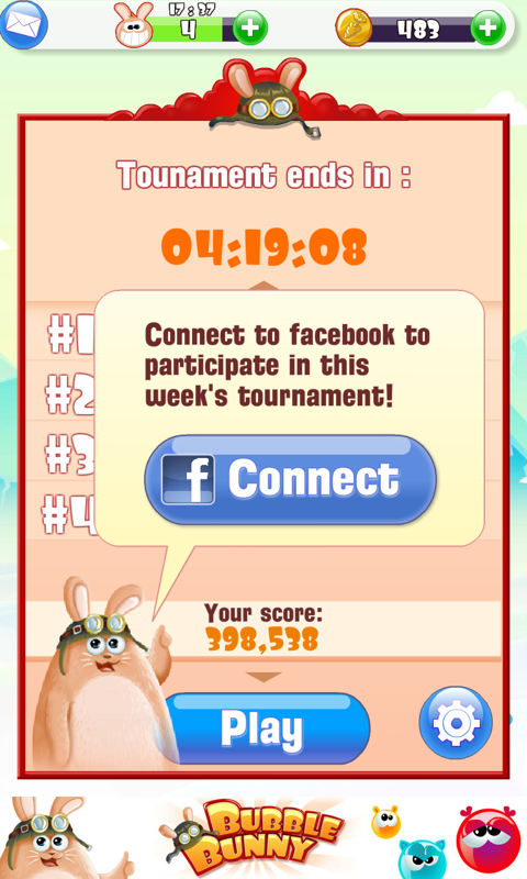Bubble Bunny (Android) screenshot: Main menu - connecting to Facebook is strongly suggested