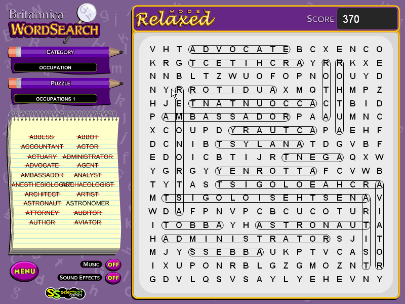 Britannica Word Search (Windows) screenshot: A game in Relaxed Mode