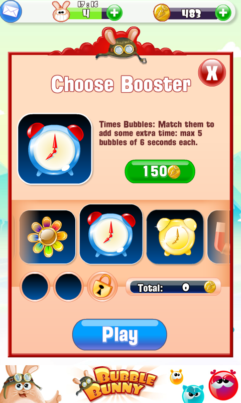 Bubble Bunny (Android) screenshot: New game: choose a booster