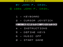 Exodus (ZX Spectrum) screenshot: Game options.