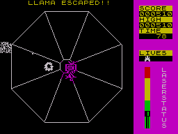 Exodus (ZX Spectrum) screenshot: If a llama escapes, you lose a life!