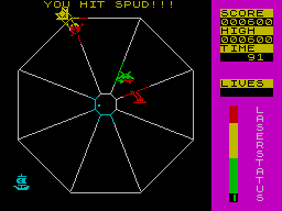 Exodus (ZX Spectrum) screenshot: Don't shoot your friend, Spud, if you do, you will lose a life!