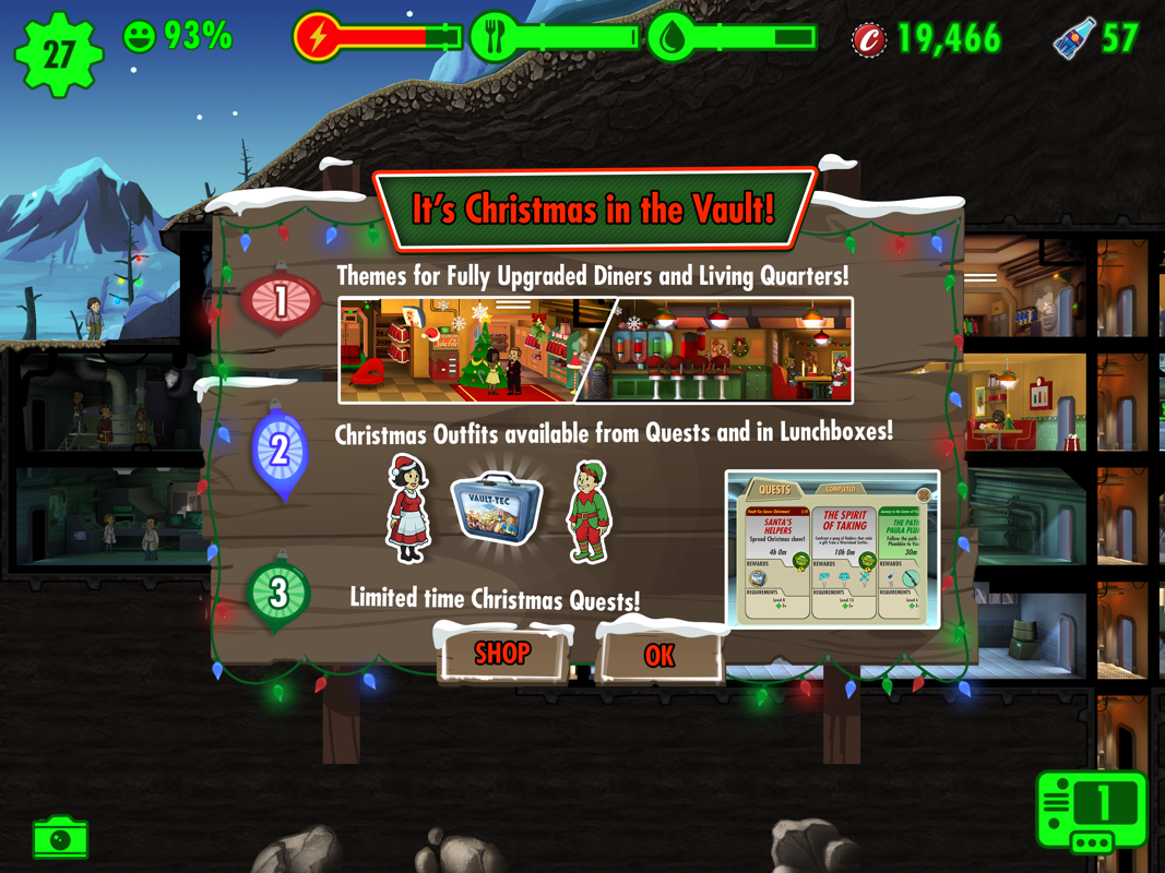 Fallout Shelter (iPad) screenshot: The Christmas event is starting.