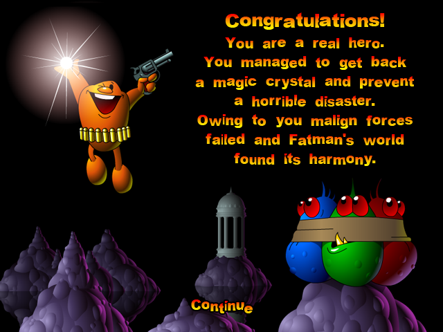 Shoot-n-Roll (Windows) screenshot: Happy ending, the game is won!