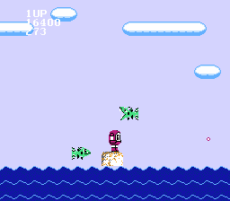 Miracle Ropit's Adventure in 2100 (NES) screenshot: Stage 2, taking a boat trip