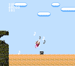 Miracle Ropit's Adventure in 2100 (NES) screenshot: Stage 3, paralyzed by a music note