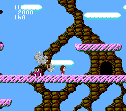 Miracle Ropit's Adventure in 2100 (NES) screenshot: The robot took a hit, now the girl is on her own