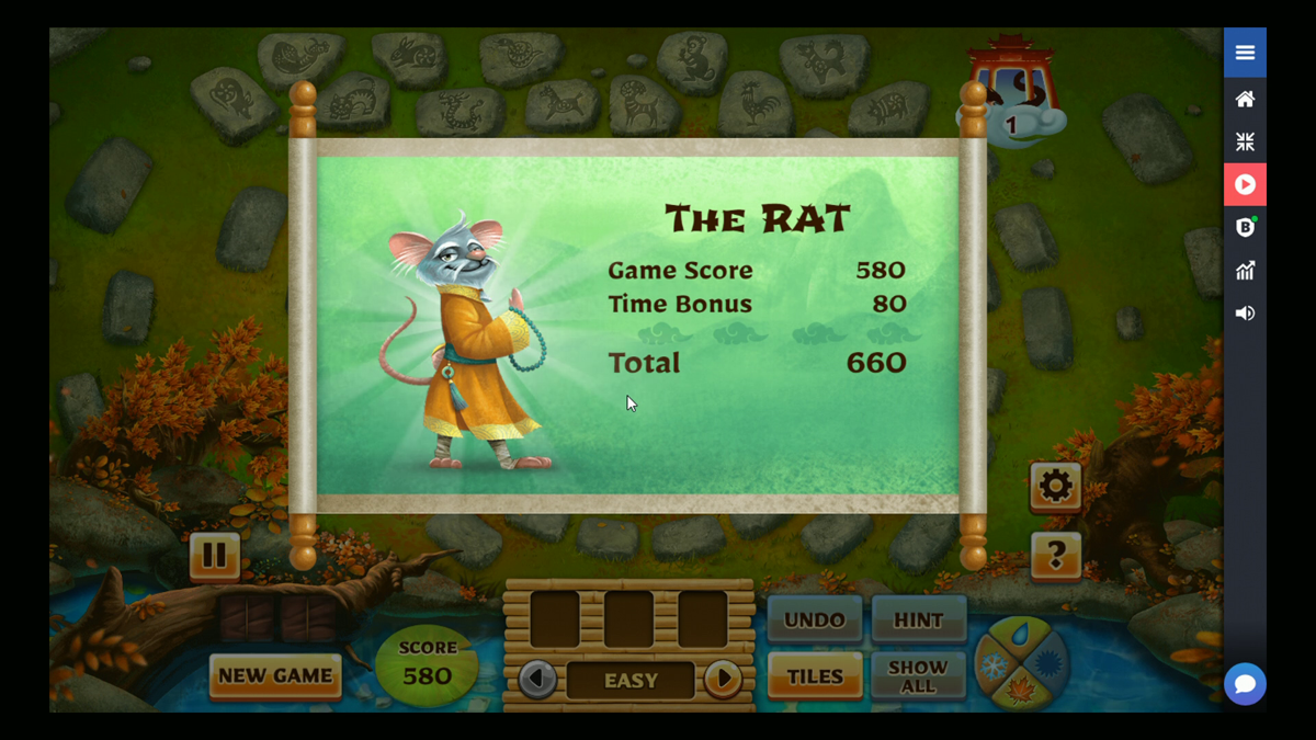 Mahjong Garden HD (Browser) screenshot: Completing the Rat Puzzle
