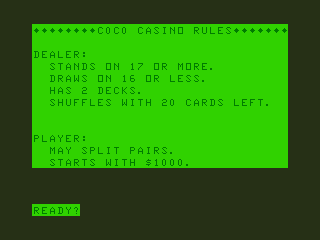 Screenshot of Color Blackjack (TRS-80 CoCo, 1983) - MobyGames