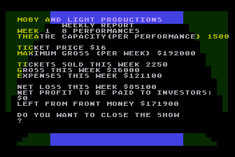 Broadway (Atari 8-bit) screenshot: Income this Week