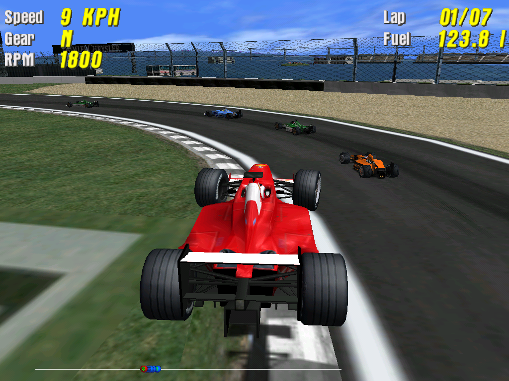 F1 Championship: Season 2000 (Windows) screenshot: If stuck in gravel trap, car gets reset by "setting up" in the air over the track