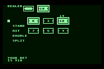 Casino Blackjack (Atari 8-bit) screenshot: Hit or Stand at 19?