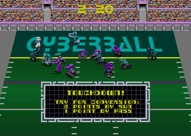 Cyberball (Arcade) screenshot: A touchdown scored by the wide receiver on the leftl