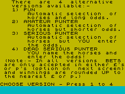 Derby Day (ZX Spectrum) screenshot: Game mode selection.