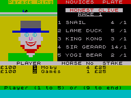 Derby Day (ZX Spectrum) screenshot: Placing bets with Honest Clive.