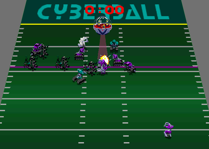 Cyberball (Arcade) screenshot: When the game is over, the losing team's players are destroyed one-by-one by the flying saucer that picks up the remains of destroyed players during the game. Not the height of sportsmanship, no.