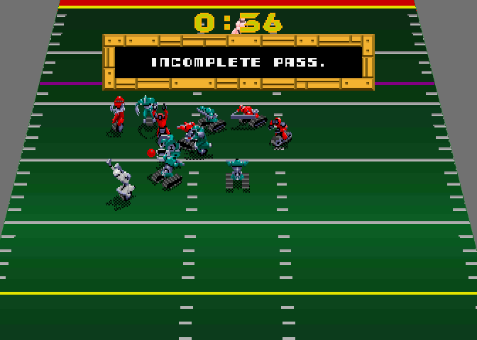 Cyberball 2072 (Arcade) screenshot: Our cornerback raises his arms in celebration as the opposing team's offense fails to complete a pass.