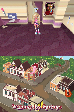 Bratz Forever Diamondz (Nintendo DS) screenshot: Cloe at Willoughby Springs (one of the game's numerous hubs). You can also play as Jade, Sasha and Yasmin by talking to them