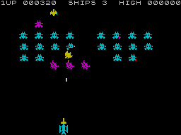 Galactians (ZX Spectrum) screenshot: The aliens dive bomb you in groups.