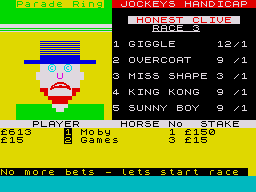 Derby Day (ZX Spectrum) screenshot: Honest Clive is not so happy now that he has had to pay out the winnings.