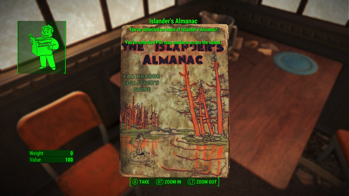 Fallout 4: Far Harbor (Xbox One) screenshot: The Islander's Almanac reveals multiple locations on the map.