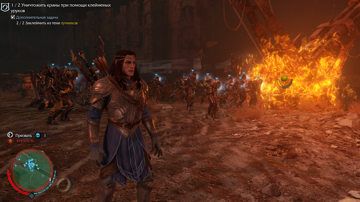 Middle-earth: Shadow of Mordor - The Bright Lord (Windows) screenshot: Celebrimbor's army destroys the wooden crane