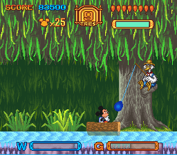 Mickey no Tokyo Disneyland Daibōken (SNES) screenshot: Go for a ride in Splash Mountain