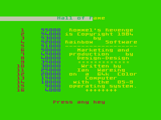Rommel's Revenge (TRS-80 CoCo) screenshot: High Scores