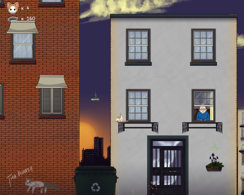The Purring Quest (Windows) screenshot: Old ladies can also be dangerous. And bored kitty washing itself.