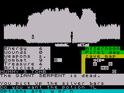 The Oracle's Cave (ZX Spectrum) screenshot: Defeated the giant serpent.