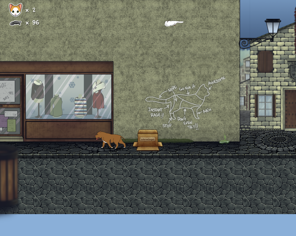 The Purring Quest (Windows) screenshot: Petting instructions, and using the box to hide anywhere.
