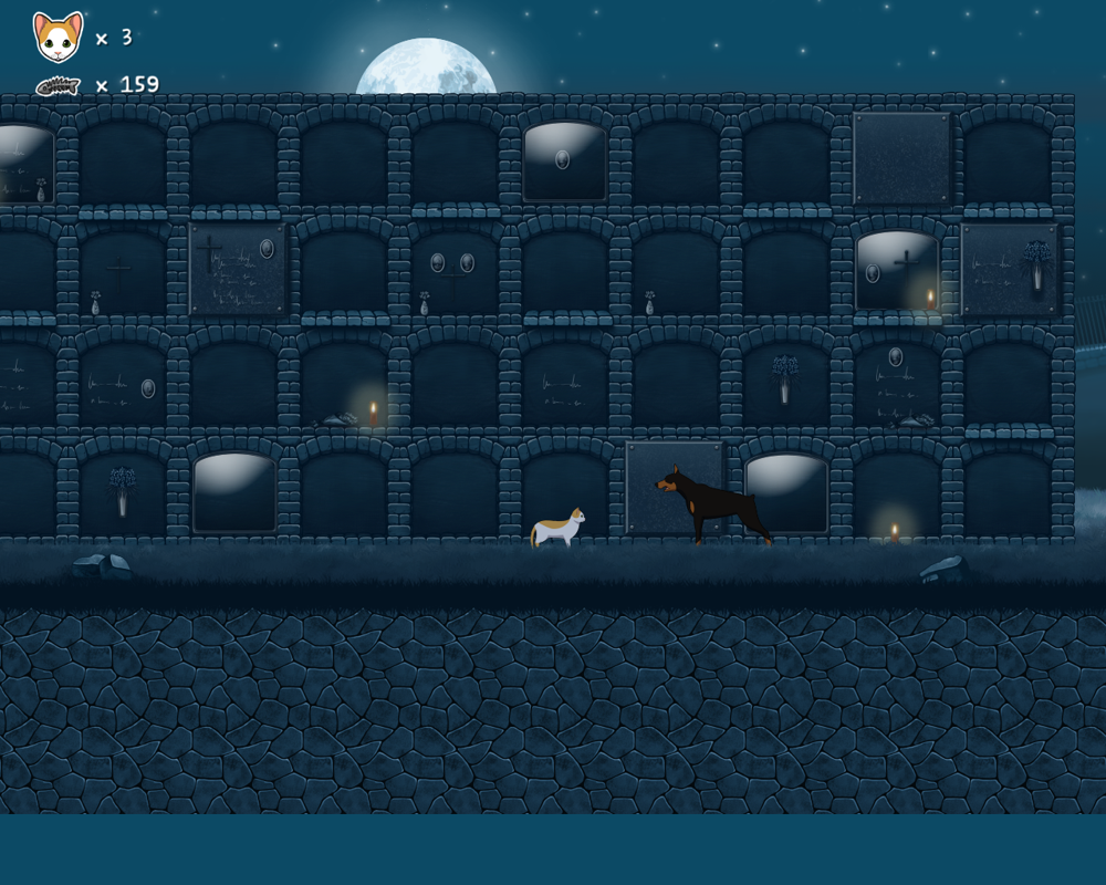 The Purring Quest (Windows) screenshot: About to be mauled by a dog.