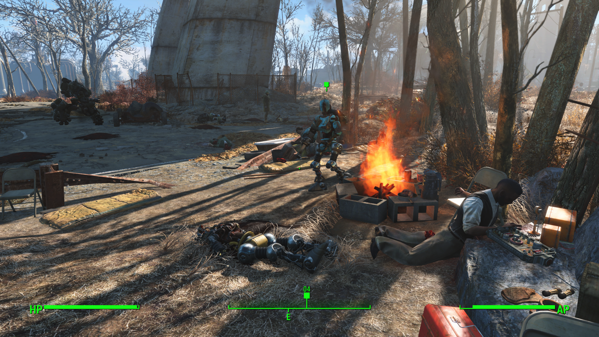 Fallout 4: Automatron (Xbox One) screenshot: This DLC starts northeast of Wattz Consumer Electronics where a trader caravan was ambushed by the Rust Devils raider gang.