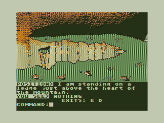 Hall of the King III: The Earthstone Revealed (TRS-80 CoCo) screenshot: Starting by a Fiery Cliff