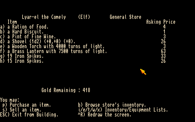 Moria (Amiga) screenshot: Do some shopping before entering the dungeon.