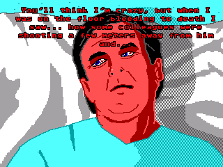 Urban Witch Story (Windows) screenshot: After some trouble, John and Al manage to interview a wounded police officer who might help them find "the Mexican with the scar".