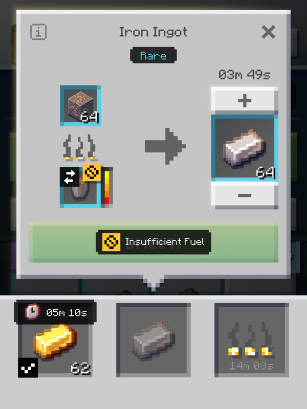 Minecraft Earth (iPad) screenshot: Smelting iron ore into ingots.