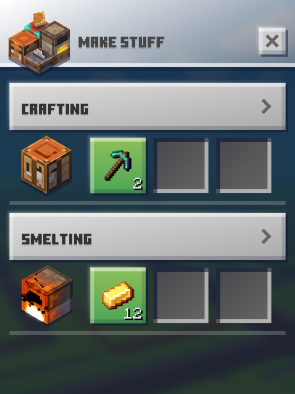 Minecraft Earth (iPad) screenshot: The crafting/smelting menu