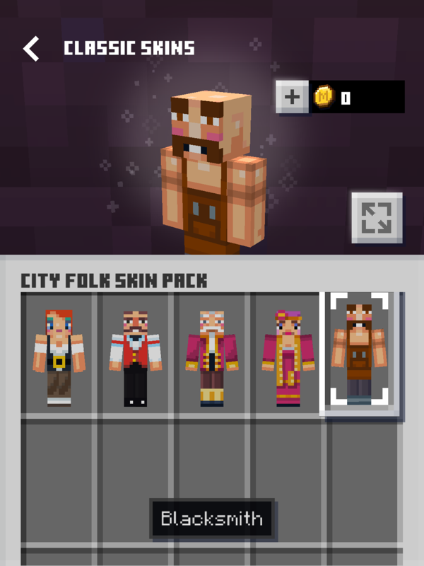 Minecraft Earth (iPad) screenshot: Selecting a skin from the city folk pack.