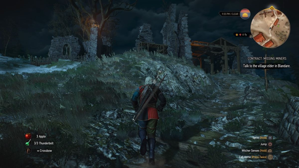 The Witcher 3: Wild Hunt - New Quest: "Contract: Missing Miners" (PlayStation 4) screenshot: Heading to village elder's house in Blandare to inquire about the miners