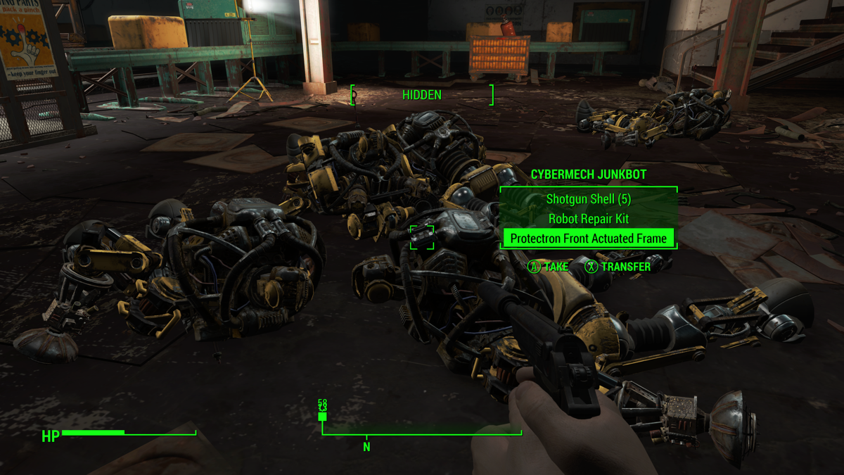 Fallout 4: Automatron (Xbox One) screenshot: Players can salvage mods from destroyed robots.