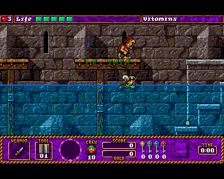 Traps 'n' Treasures (Amiga) screenshot: Level 4 (The Fortress) starts outside with pouring rain and lightning strikes.