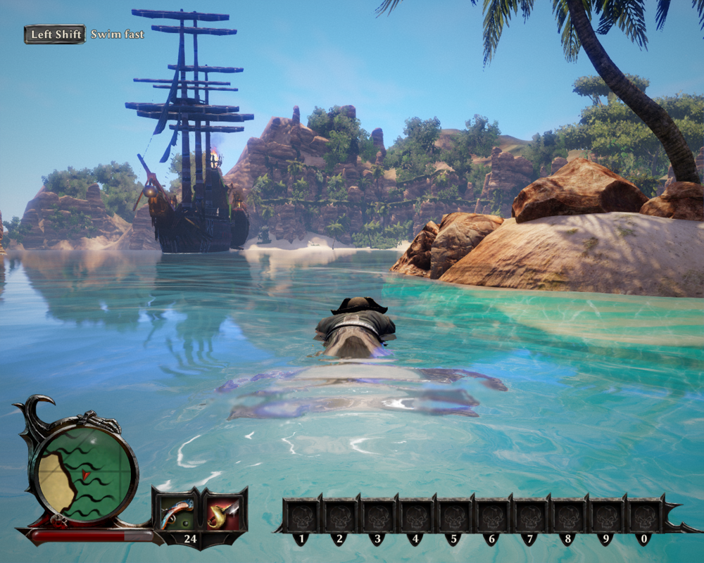 Risen 3: Titan Lords (Windows) screenshot: Exploring the islets around Crab Coast. You can swim farther in this game than in the other Risens!