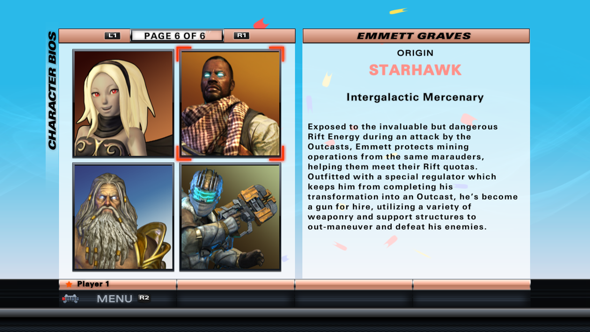PlayStation All-Stars Battle Royale: Starhawk's Emmett Graves (PlayStation 3) screenshot: Emmet's bio