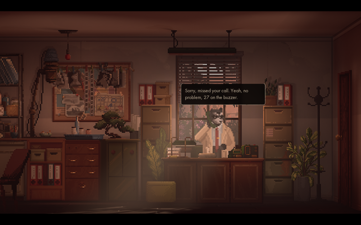 Backbone (Windows) screenshot: Howard's apartment with a photo corner - apart from being a detective, he also has professional training in photography.